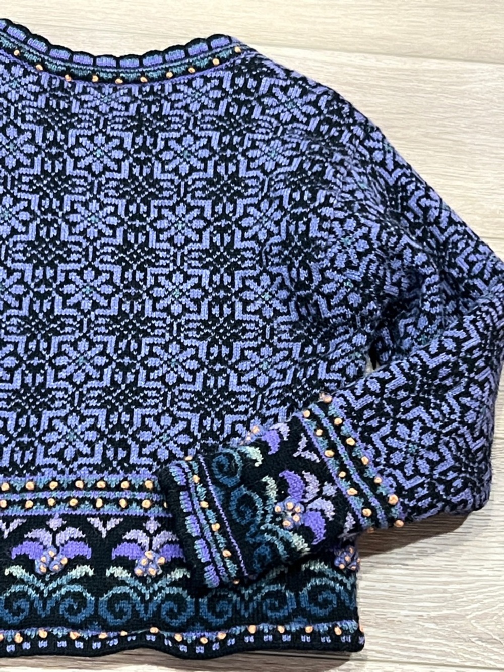 Women’s Icelandic Navy and Purple Patterned Wool Cardigan Sweater Size Small - Picture 14 of 15